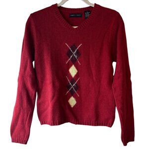 vintage Jamie Scott Red Argyle V-Neck long sleeve Sweater Small Made In India